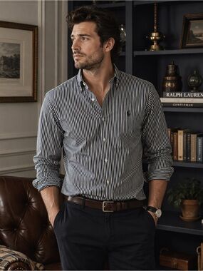 Ralph Lauren Custom Fit Black White Stripe Button Down Shirt Preppy Size Large
